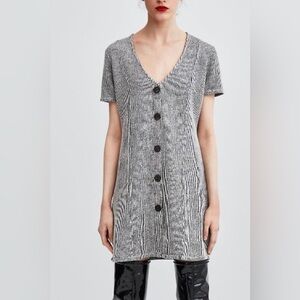 ZARA TRAFALUC Short button front dress in black/off white/grey stripe